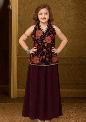 Girls Red Embroidered Georgette Fusion Set