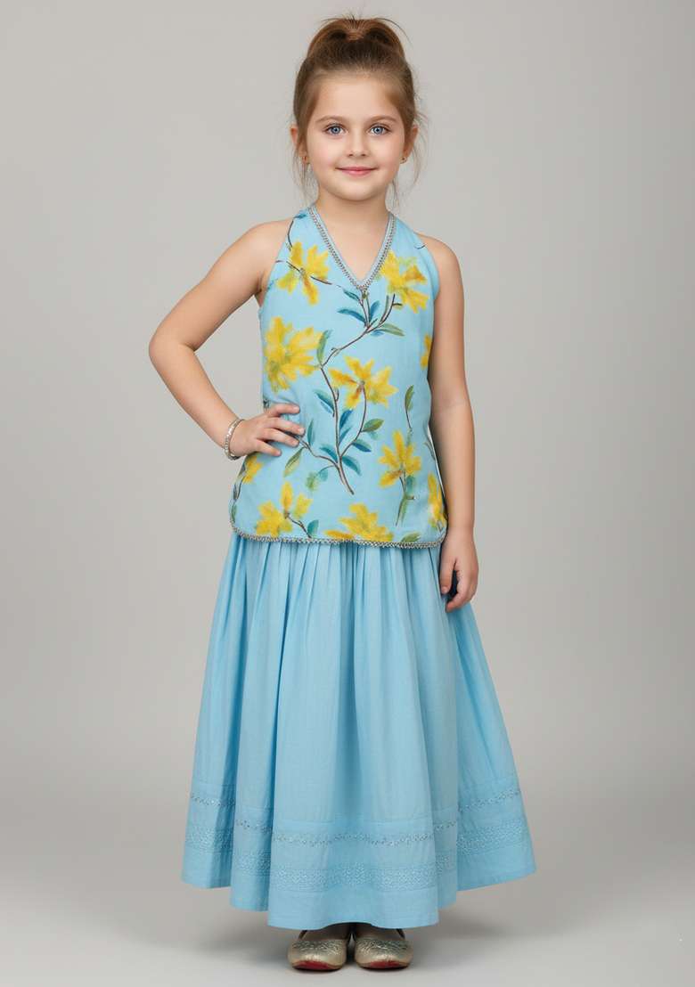 Girls Blue Floral Print Georgette Fusion Set - Indya