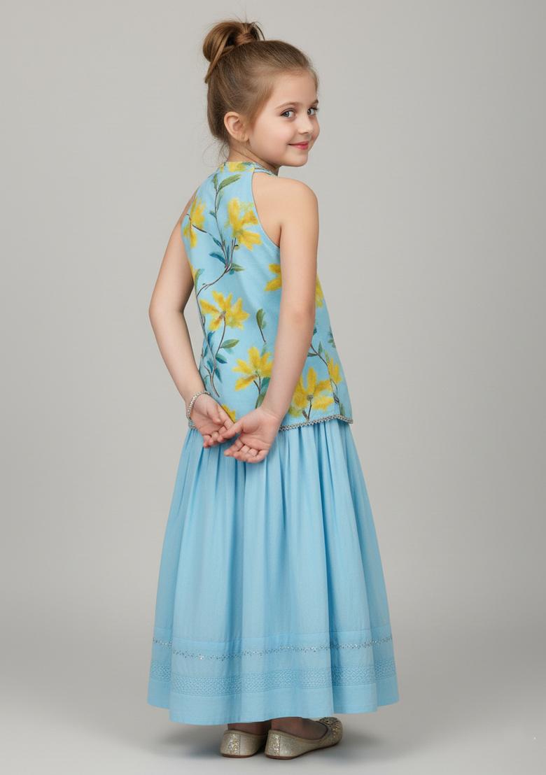 Girls Blue Floral Print Georgette Fusion Set - Indya