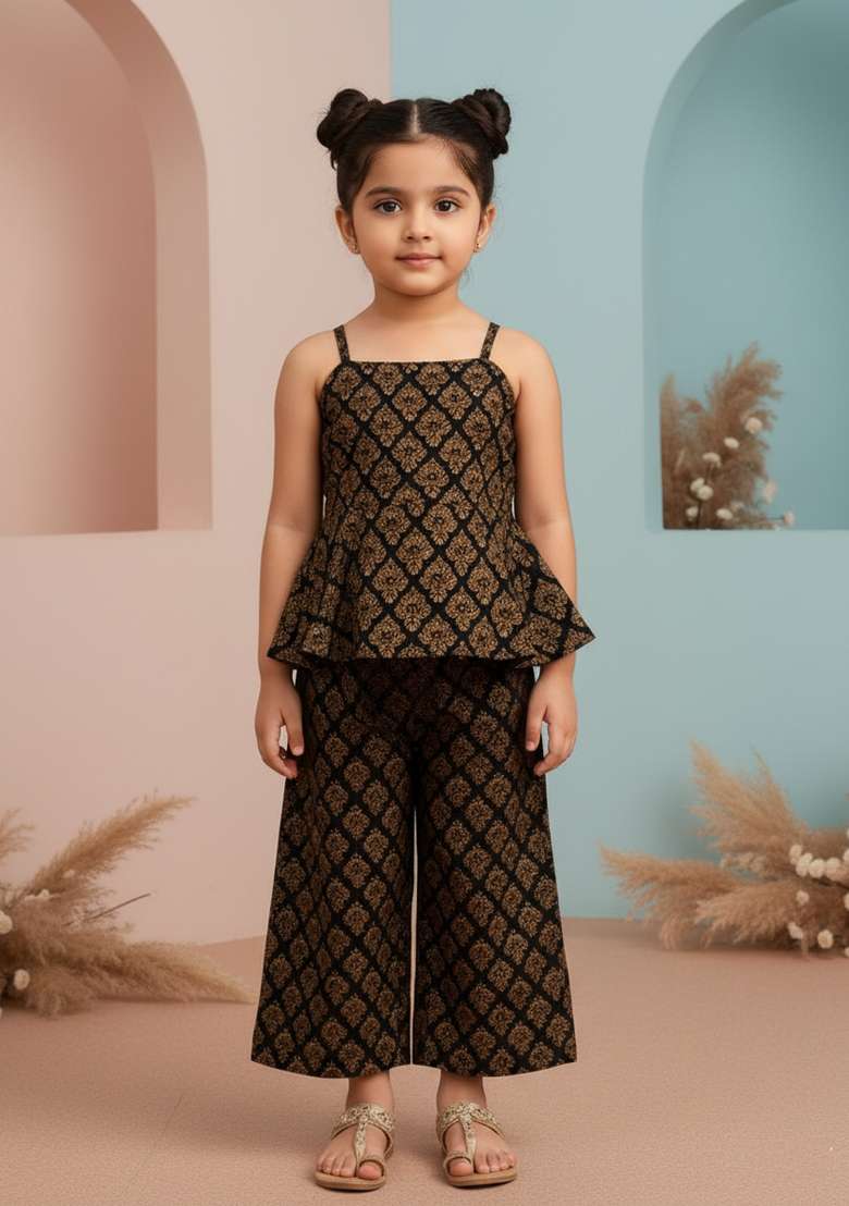 Girls Black Brocade Co-Ord Set - Indya