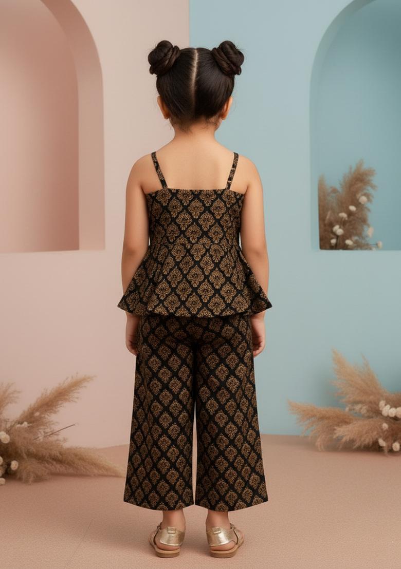 Girls Black Brocade Co-Ord Set - Indya