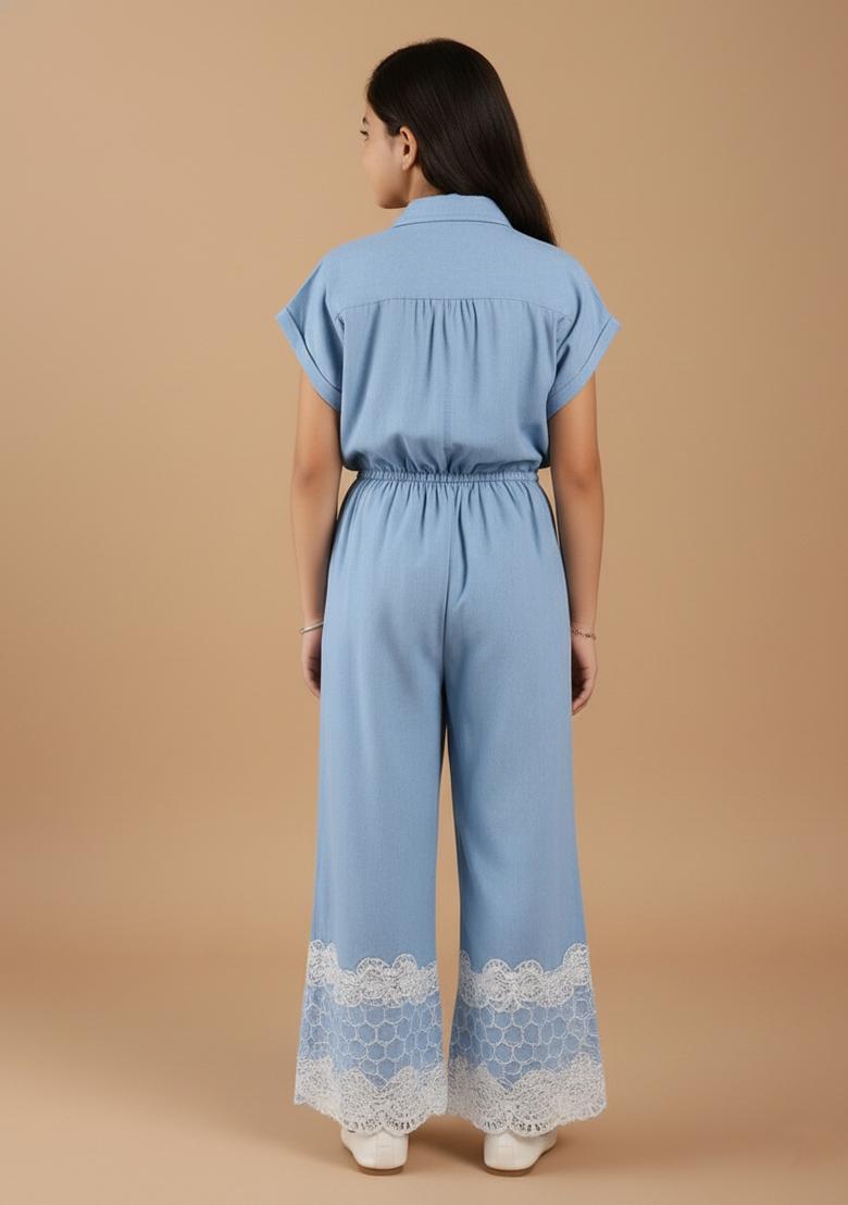 Girls Light Blue Solid Denim Co-Ord Set - Indya