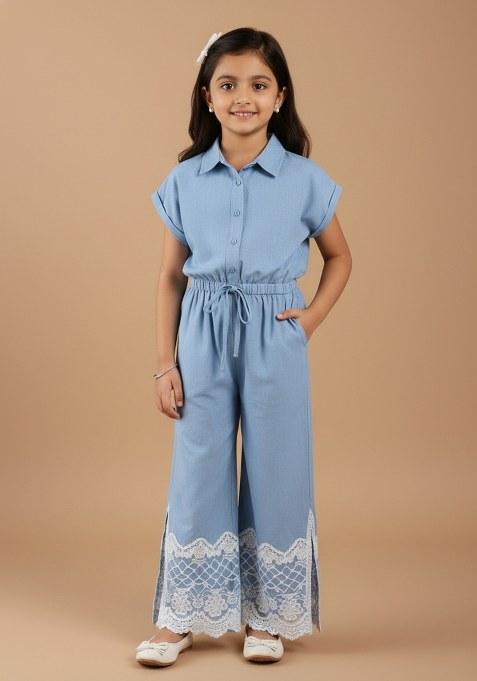 Girls Light Blue Solid Denim Co-Ord Set