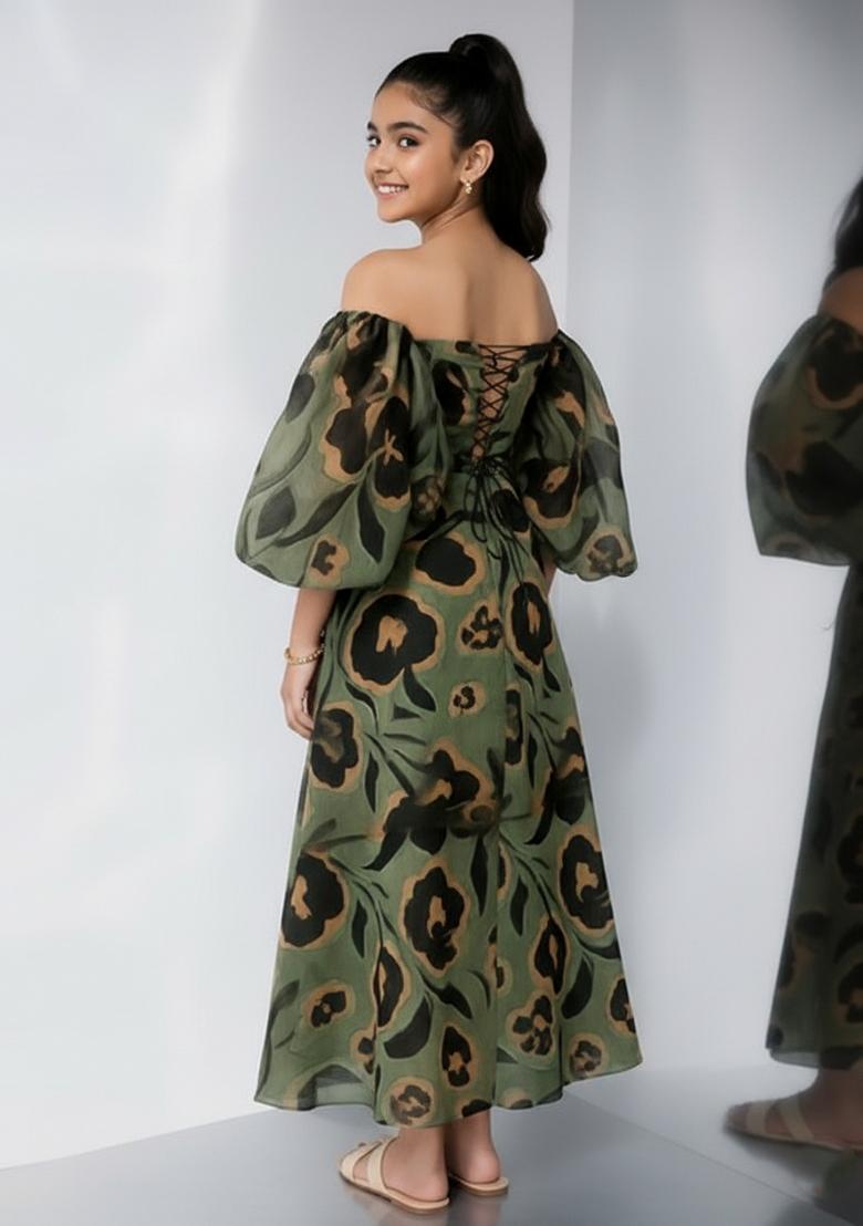 Girls Green Floral Print Cotton Co-Ord Set