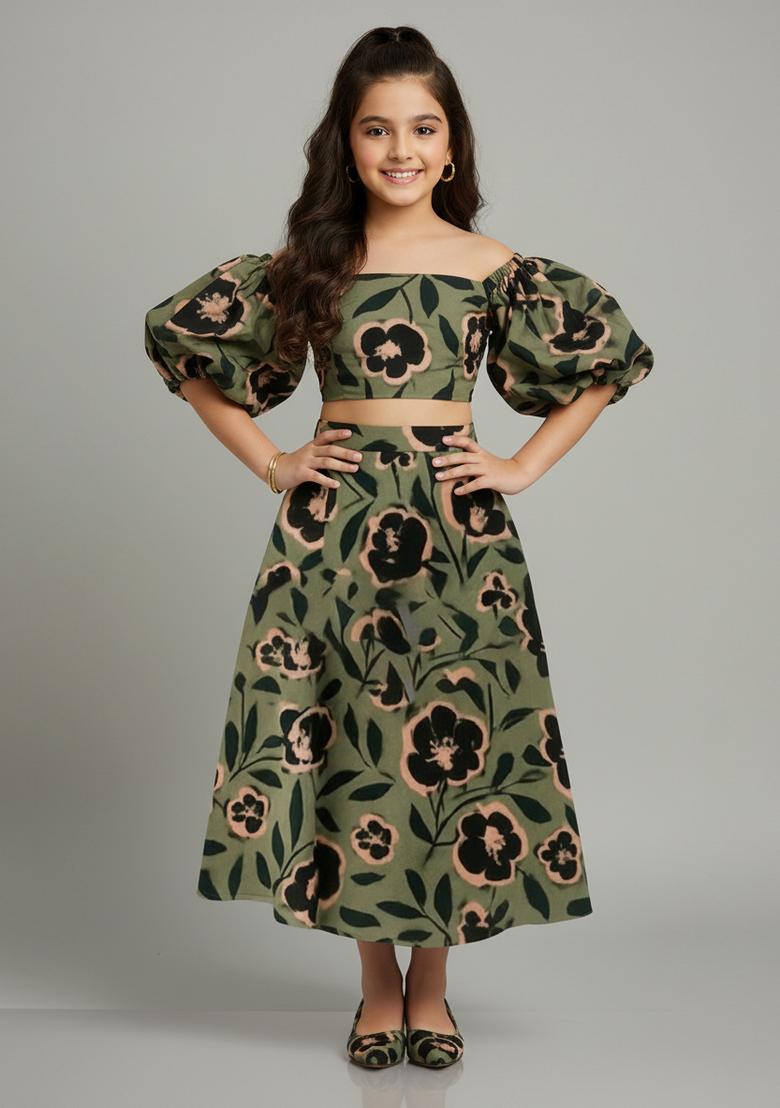 Girls Green Floral Print Cotton Co-Ord Set
