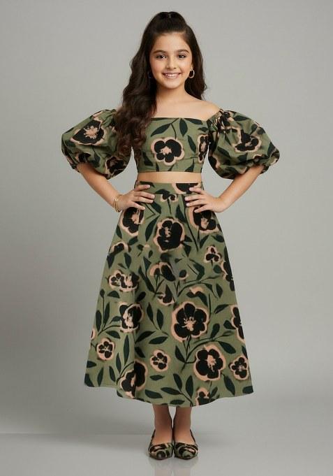 Girls Green Floral Print Cotton Co-Ord Set