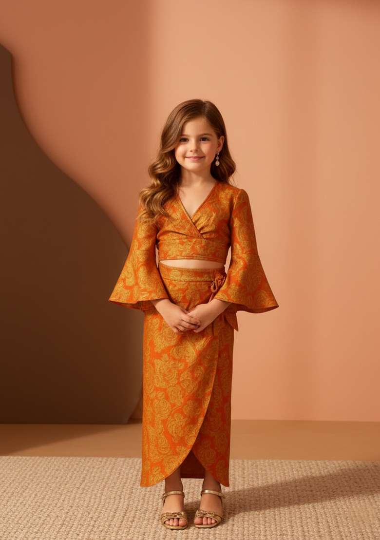 Girls Peach Brocade Skirt Set - Indya