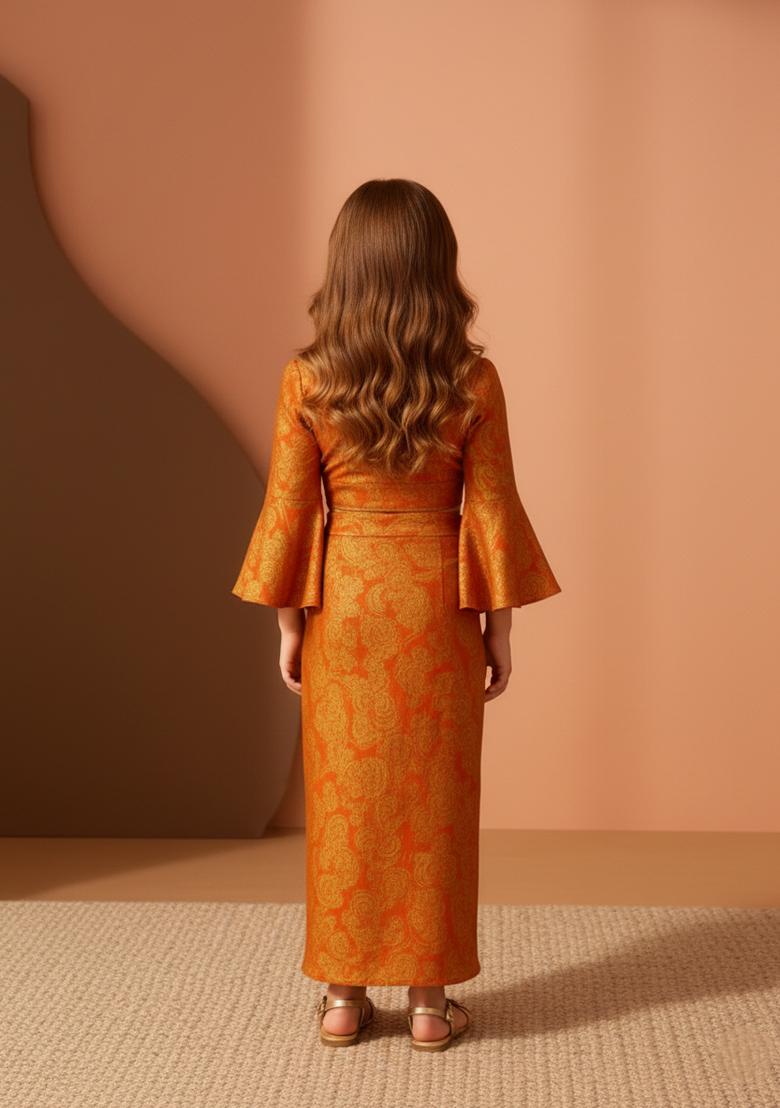 Girls Peach Brocade Skirt Set - Indya