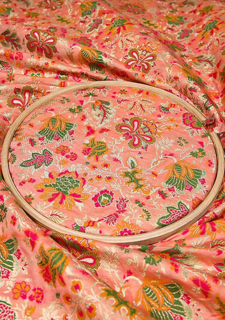 Girls Peach Brocade Skirt Set - Indya