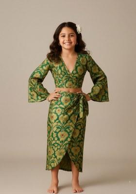 Girls Green Brocade Skirt Set