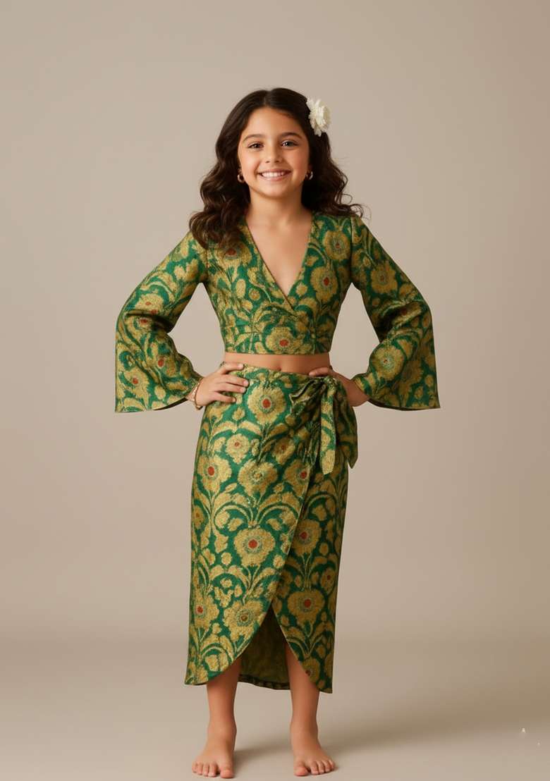 Girls Green Brocade Skirt Set - Indya