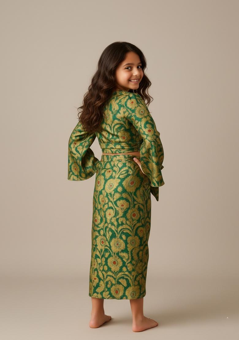 Girls Green Brocade Skirt Set - Indya