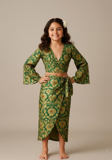Girls Green Brocade Skirt Set
