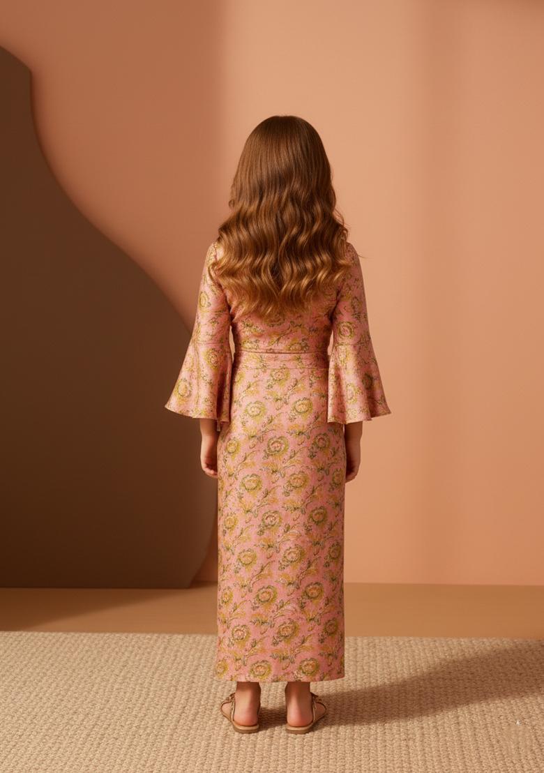 Girls Light Pink Brocade Skirt Set