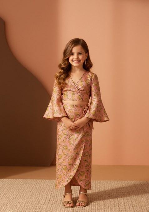 Girls Light Pink Brocade Skirt Set