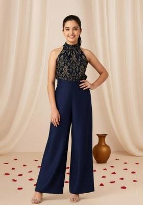 Girls Navy Blue Brocade Co-Ord Set