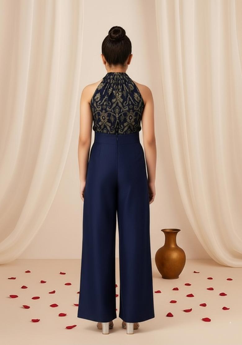 Girls Navy Blue Brocade Co-Ord Set - Indya