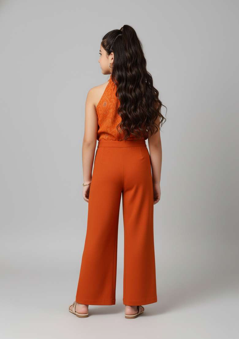Girls Orange Brocade Co-Ord Set - Indya