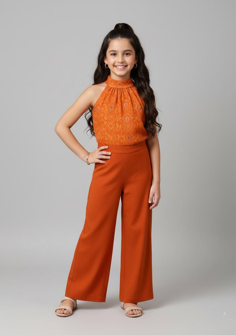 Girls Orange Brocade Co-Ord Set - Indya