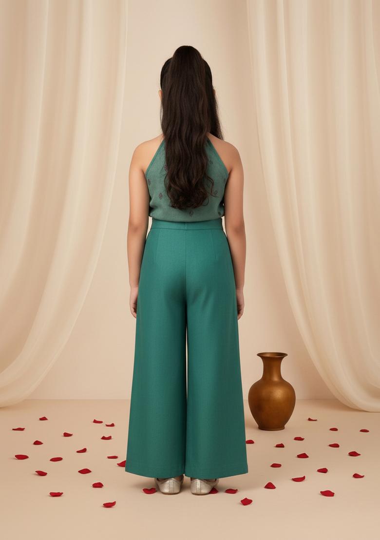 Girls Sea Green Brocade Co-Ord Set - Indya