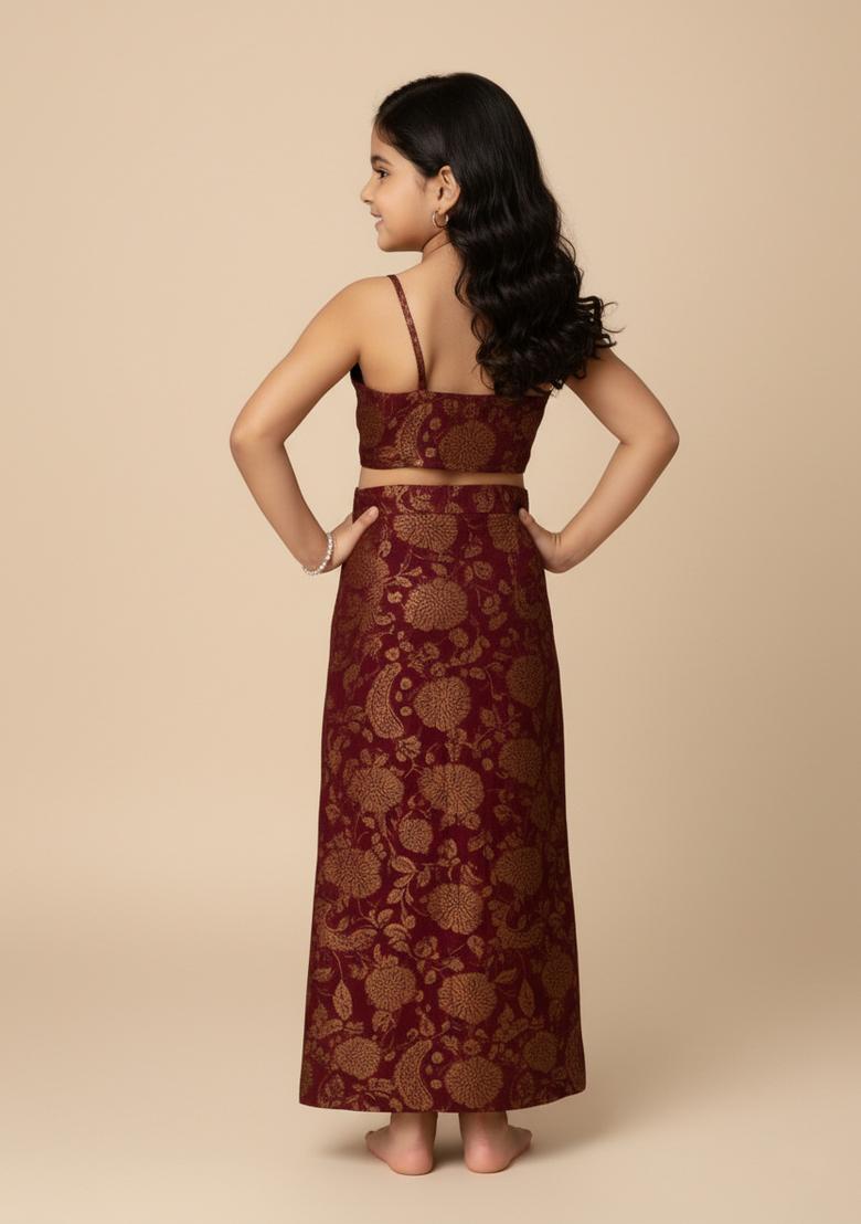 Girls Burgundy Brocade Co-Ord Set - Indya