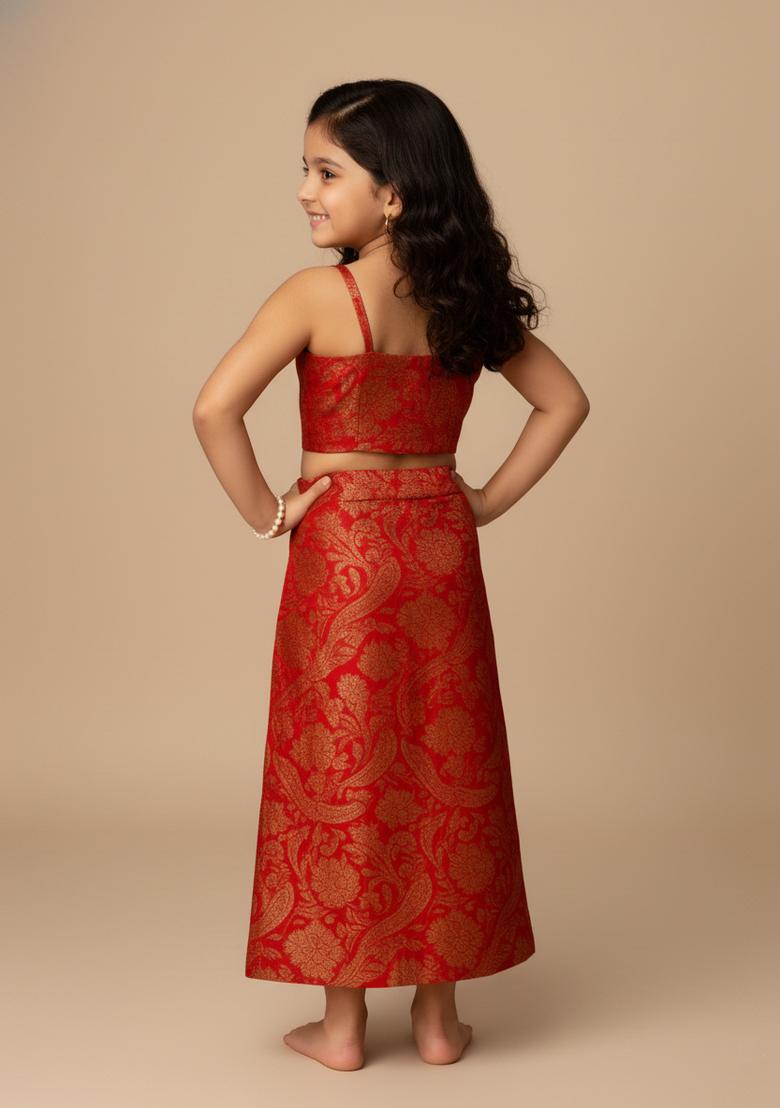 Girls Red Brocade Co-Ord Set - Indya