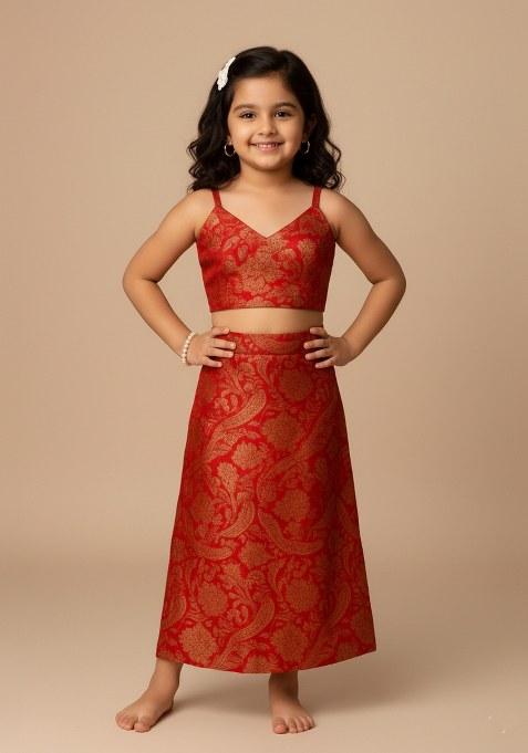 Girls Red Brocade Co-Ord Set
