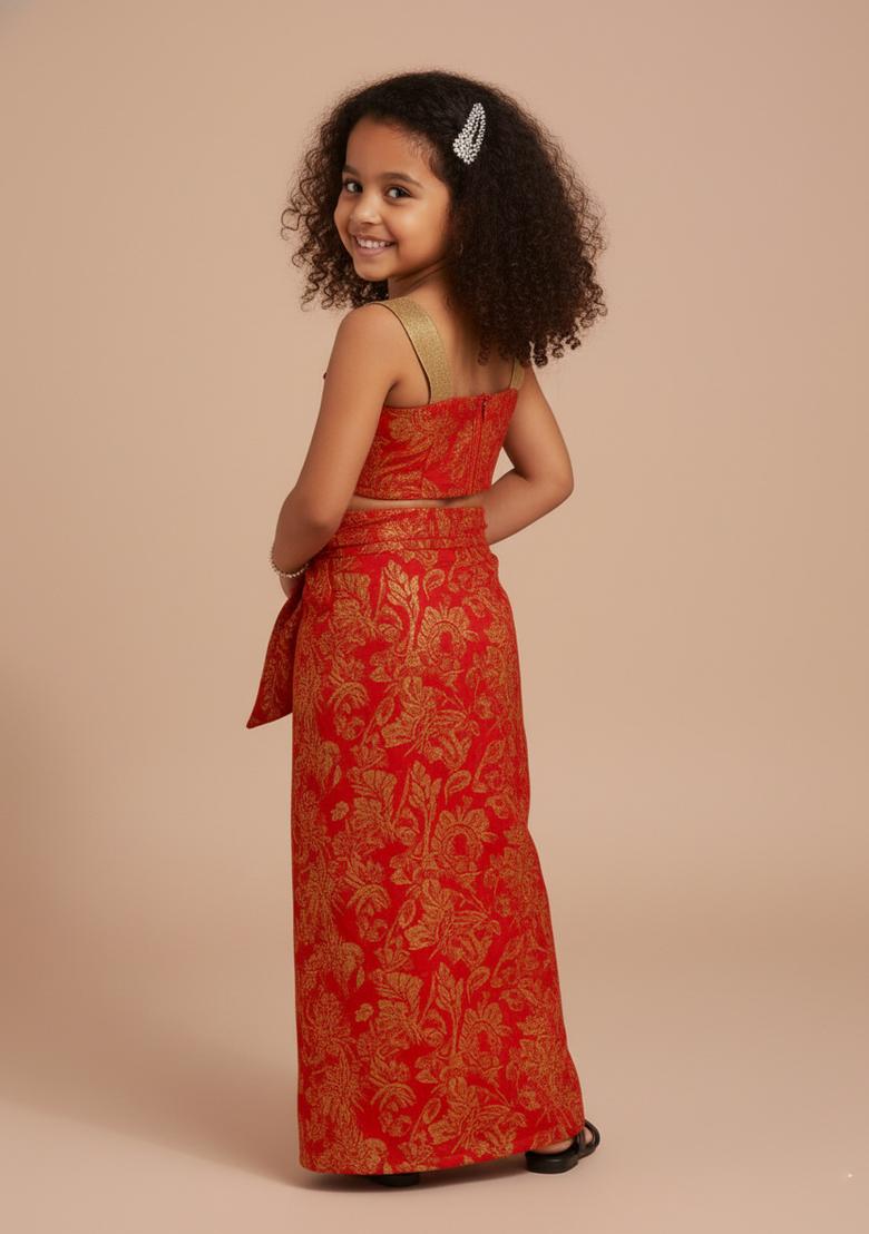 Girls Red Brocade Co-Ord Set - Indya
