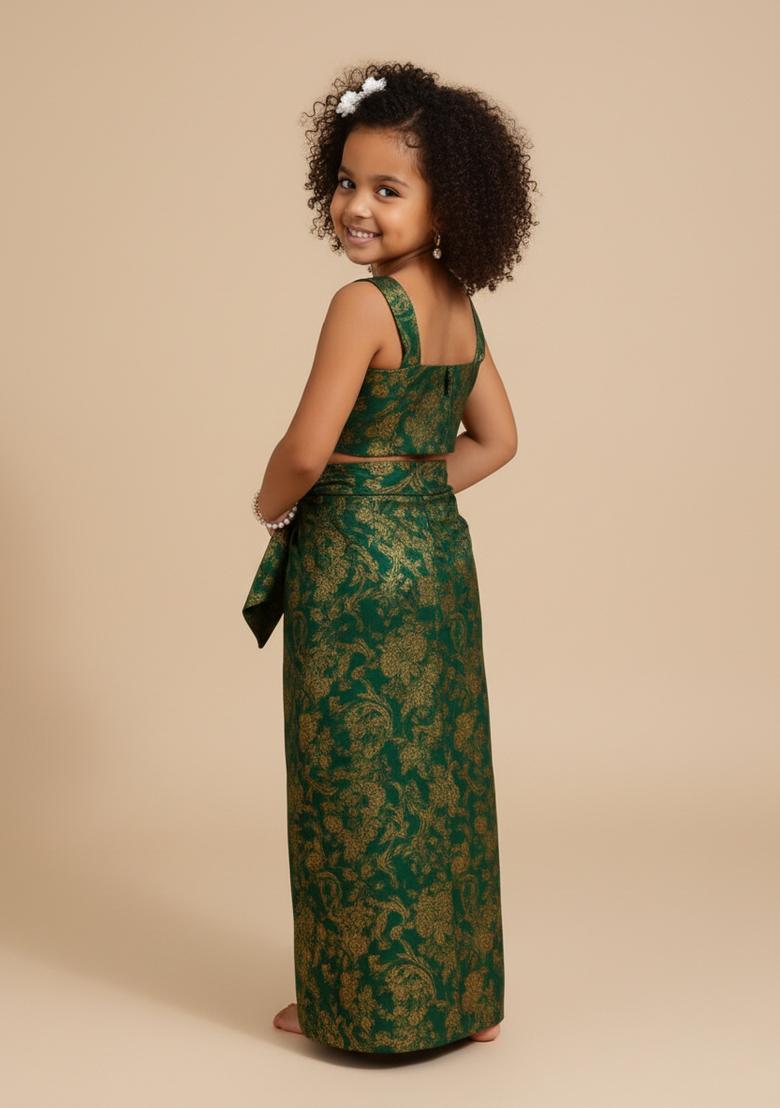 Girls Green Brocade Co-Ord Set - Indya