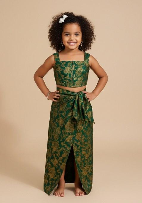 Girls Green Brocade Co-Ord Set