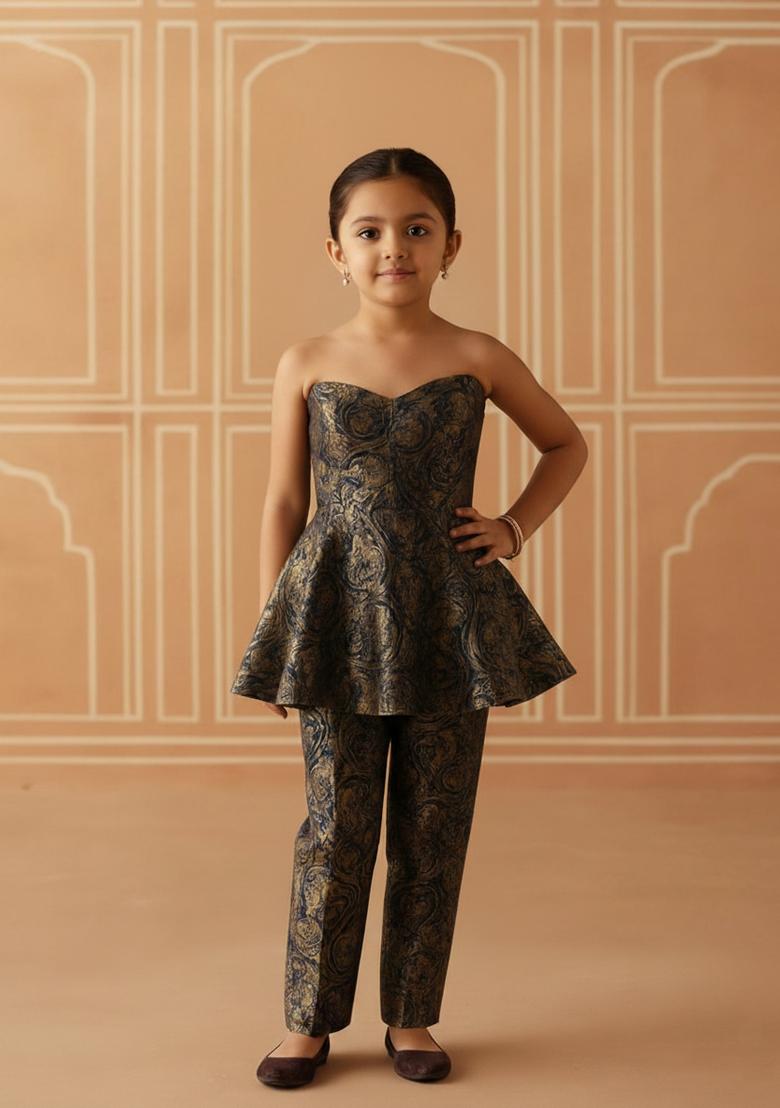 Girls Navy Blue Brocade Co-Ord Set - Indya
