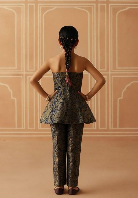 Girls Navy Blue Brocade Co-Ord Set