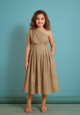 Girls Caramel Brown Textured Georgette Dress