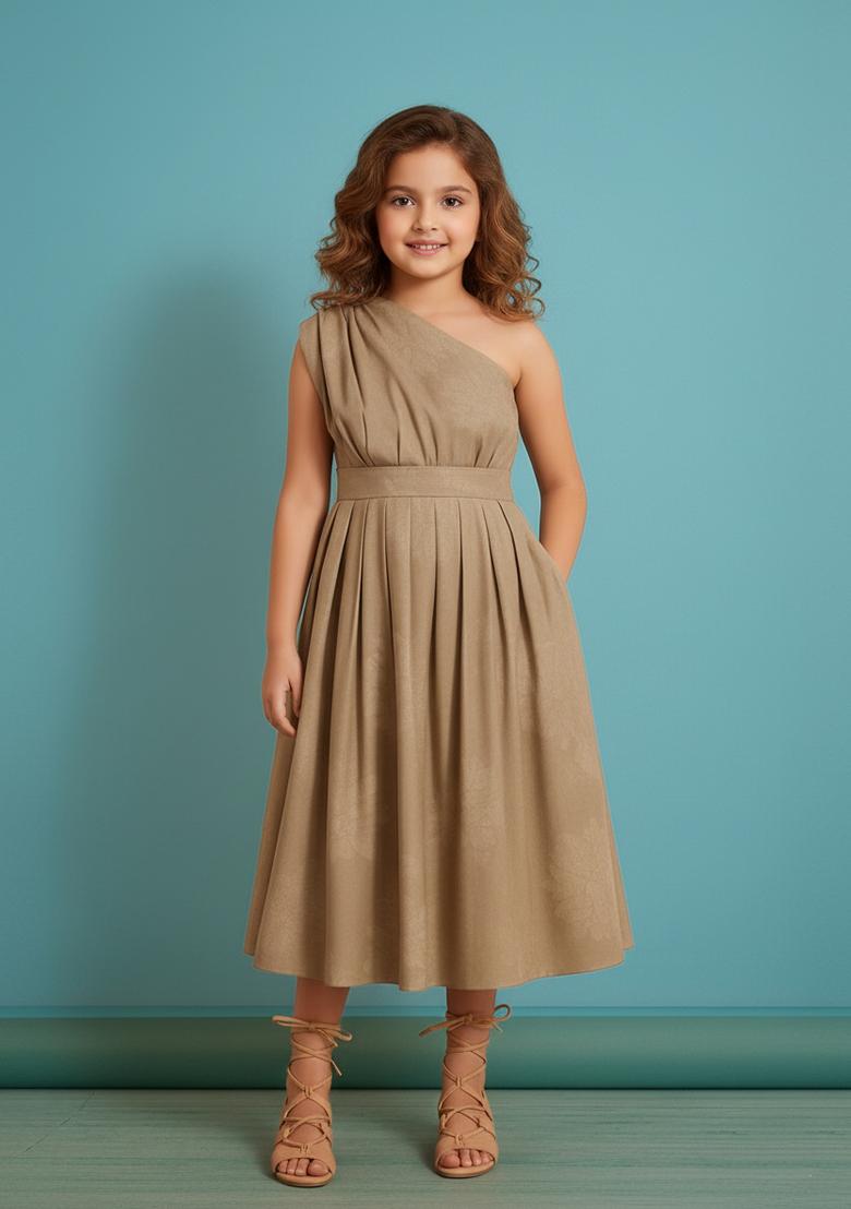 Girls Caramel Brown Textured Georgette Dress