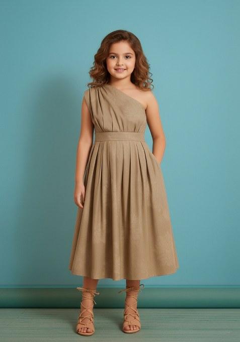 Girls Caramel Brown Textured Georgette Dress