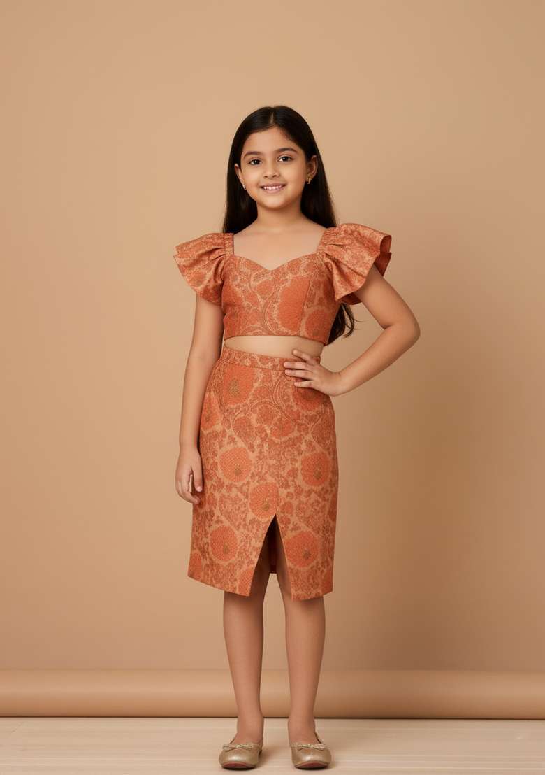 Girls Orange Brocade Dress - Indya