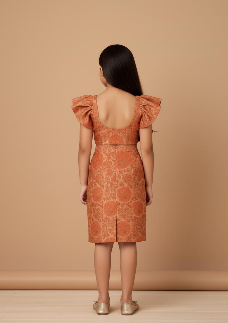Girls Orange Brocade Dress - Indya