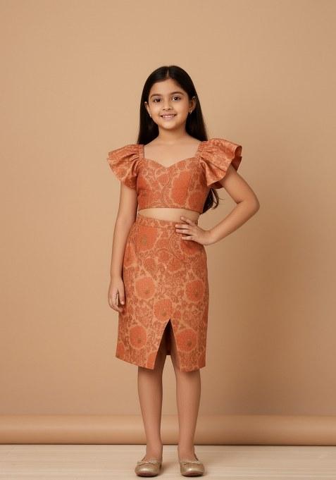 Girls Orange Brocade Dress