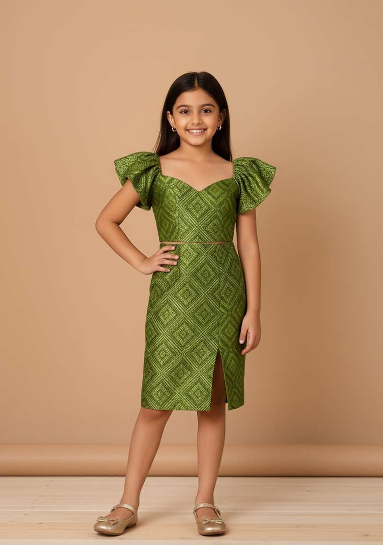 Girls Green Brocade Dress - Indya