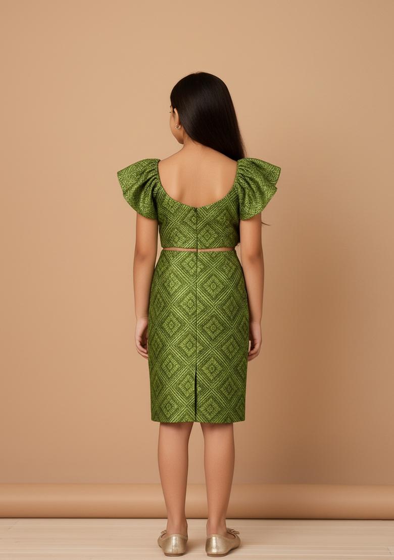 Girls Green Brocade Dress - Indya
