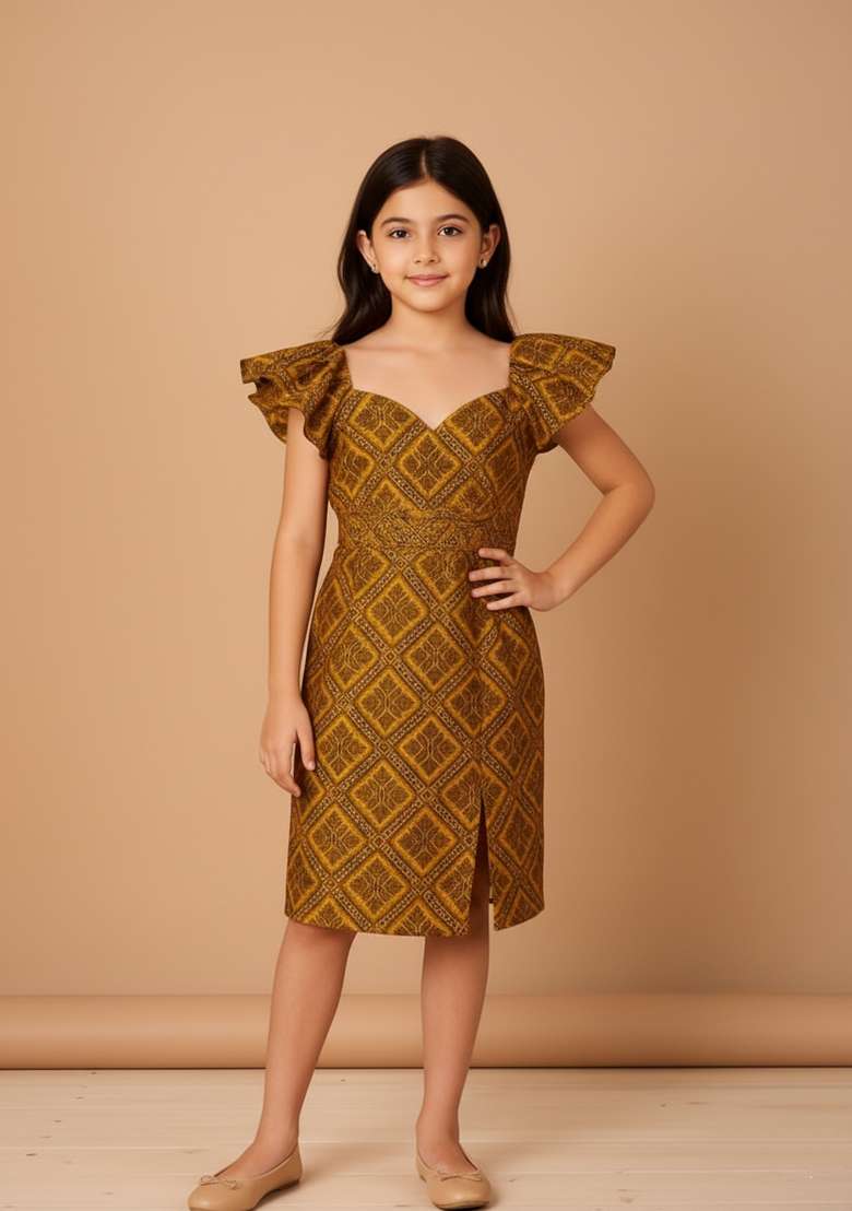 Girls Yellow Brocade Dress - Indya