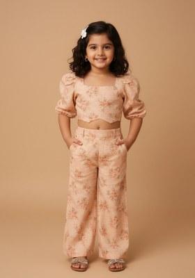 Girls Peach Floral Print Georgette Co-Ord Set