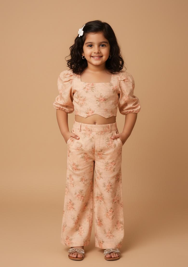 Girls Peach Floral Print Georgette Co-Ord Set
