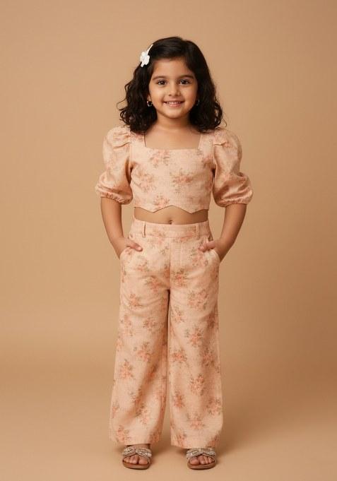 Girls Peach Floral Print Georgette Co-Ord Set
