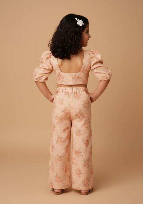 Girls Peach Floral Print Georgette Co-Ord Set