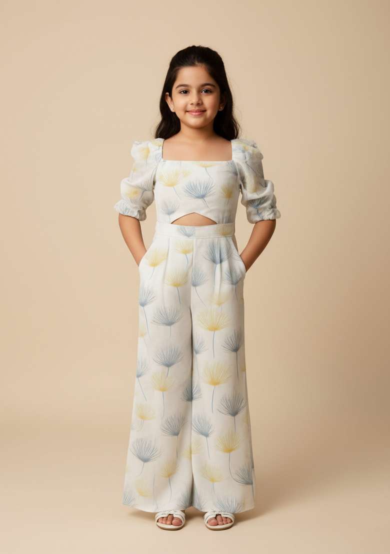 Girls White Figure Print Georgette Co-Ord Set - Indya