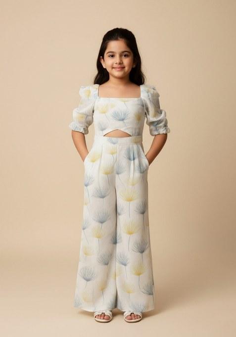 Girls White Figure Print Georgette Co-Ord Set