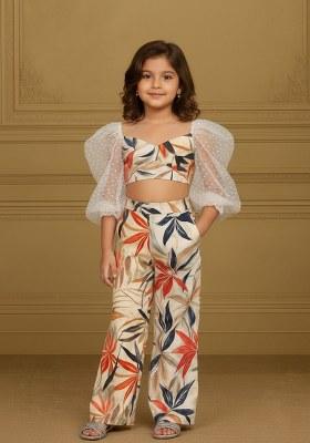Girls White Floral Print Cotton Linen Co-Ord Set