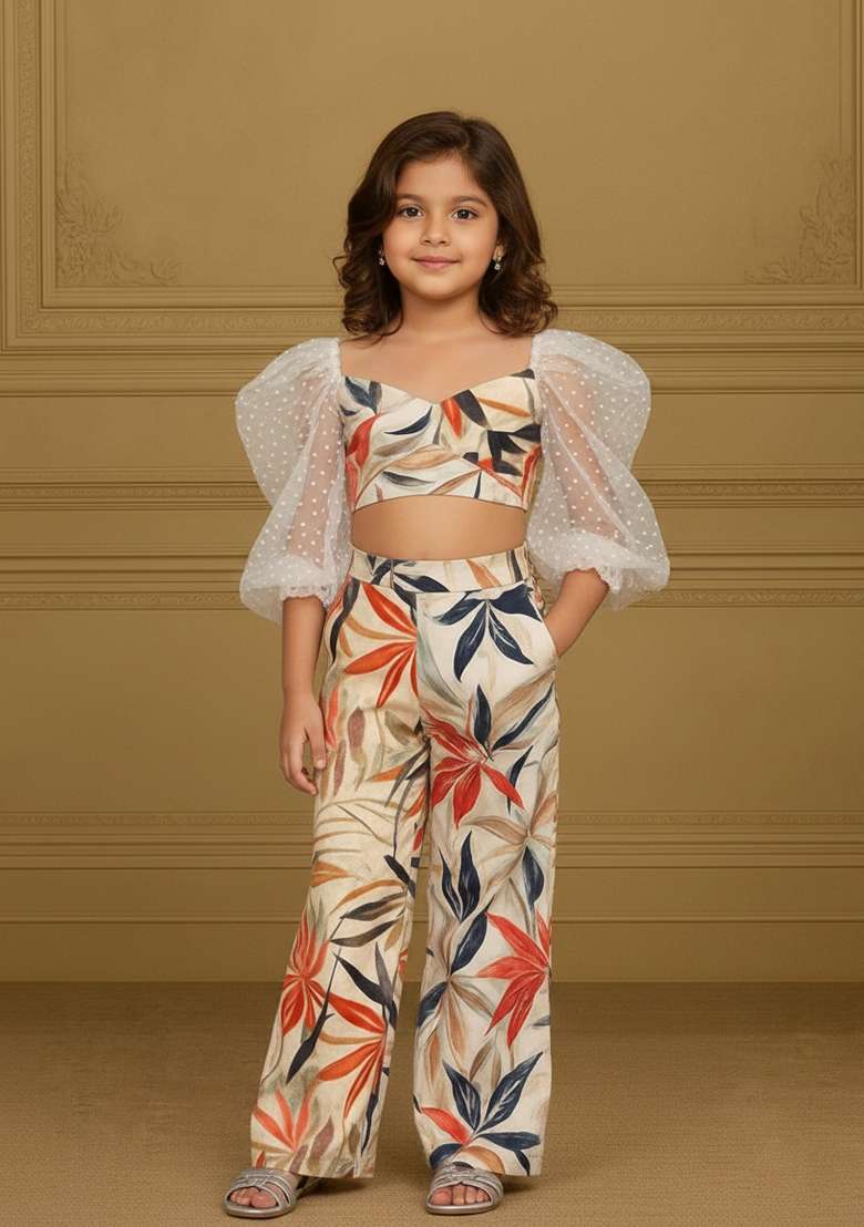 Girls White Floral Print Cotton Linen Co-Ord Set - Indya