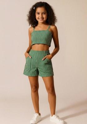 Girls Green Striped Poplin Co-Ord Set